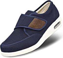 Tênis masculino de edema para diabéticos, leve, malha respirável, alça larga, ajustável, fácil de colocar e tirar para idosos, pés inchados, fascite plantar, Leve - Azul, 39
